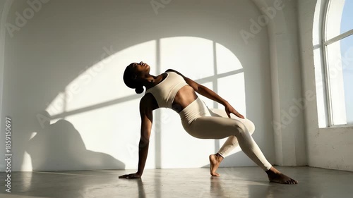 African american woman performing dynamic yoga flow with sunlit shadows in a light studio space for fitness and wellness