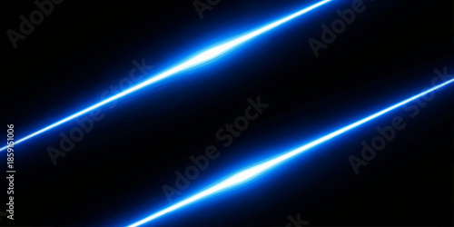 Bright blue spotlight ray beam illuminates a dark abstract space backdrop with glowing light waves