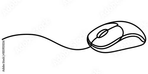 Computer mouse continuous one line drawing, Single line art illustration white background, Drawn continuous one line computer mouse logo, computer mouse equipment continuous line art illustration.