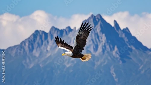Majestic bald eagle soaring through clear blue sky with rugged mountains