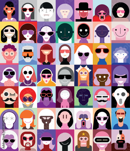 People faces. Large set of flat design avatars. Pop art collage of close up portraits. Can be used as a seamless wallpaper.