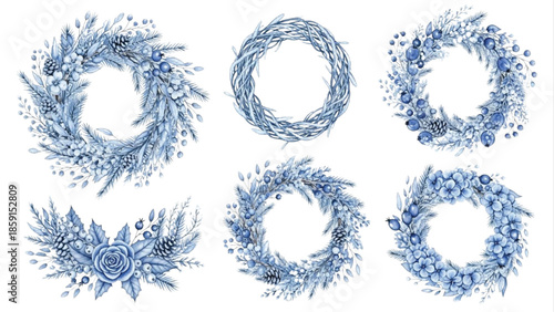 Watercolor Winter Wreaths Set, Blue Floral Christmas Pine Wreath Illustrations, Snowy Holiday Botanical Clipart
