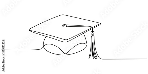 Continuous one single line of graduation hat isolated on white background, continuous line graduation cap.one line drawing of graduation cap. university graduation sign. one line Icon drawing