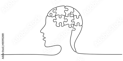 Head with puzzle pieces in one line drawing. Solving psychological challenges and finding balance, Alzheimer s day simple background, web banner, poster with brain and puzzle. One continuous line draw