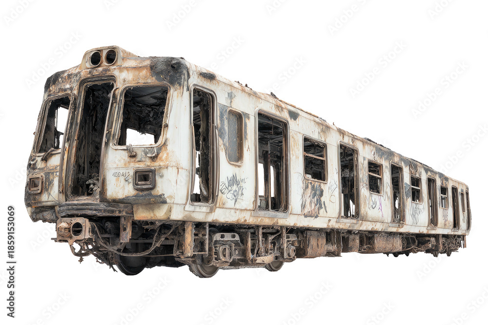 Fototapeta premium Decayed, rust-covered train car isolated against a transparent background