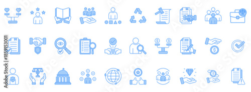 Business Ethics Icon Set. Contains Icons That Are Relevant For Business. Designed In Vector Lineal Blue Style