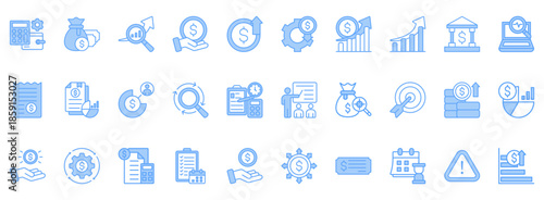 Budget Icon Set. Contains Icons That Are Relevant For Business. Designed In Vector Lineal Blue Style