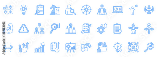 Swot Analysis Icon Set. Contains Icons That Are Relevant For Business. Designed In Vector Lineal Blue Style