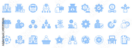 Business Structure Icon Set. Contains Icons That Are Relevant For Business. Designed In Vector Lineal Blue Style
