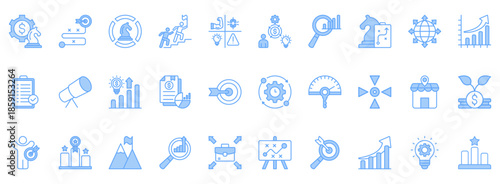 Business Strategy Icon Set. Contains Icons That Are Relevant For Business. Designed In Vector Lineal Blue Style