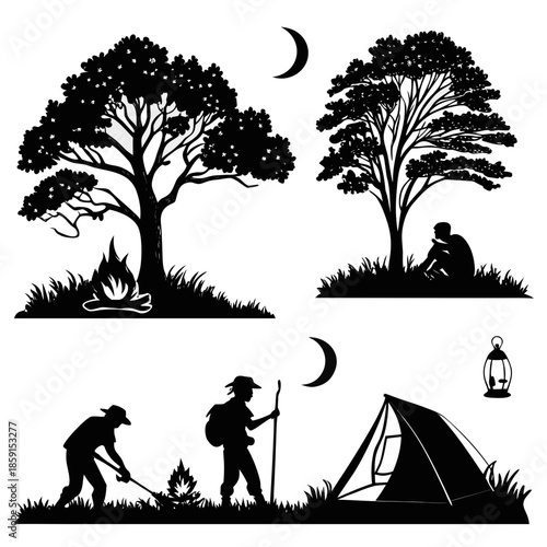 Silhouettes of campers in nature