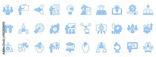 Workshop Icon Set. Contains Icons That Are Relevant For Business. Designed In Vector Lineal Blue Style