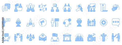 Speaking Icon Set. Contains Icons That Are Relevant For Business. Designed In Vector Lineal Blue Style
