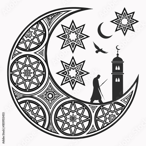 Intricate islamic art with crescent moon and minaret