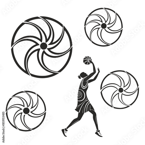 Dynamic basketball silhouette with swirling orbits