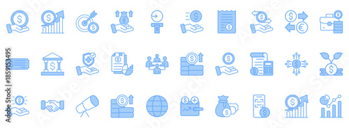 Finance Icon Set. Contains Icons That Are Relevant For Business. Designed In Vector Lineal Blue Style