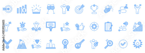 Goal Icon Set. Contains Icons That Are Relevant For Business. Designed In Vector Lineal Blue Style