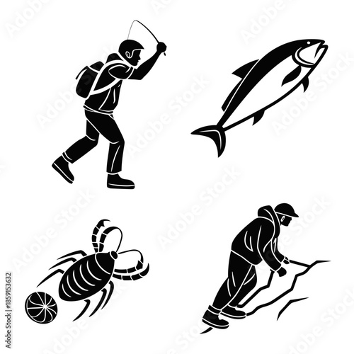 Fishing and sea creatures silhouettes