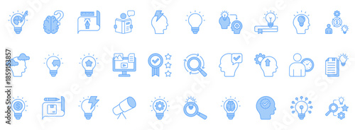 Creativity Icon Set. Contains Icons That Are Relevant For Business. Designed In Vector Lineal Blue Style