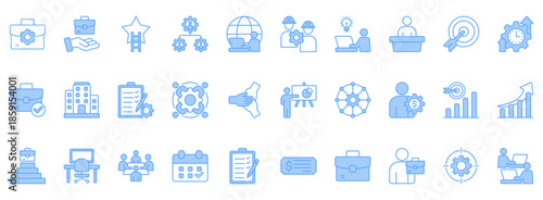 Work Icon Set. Contains Icons That Are Relevant For Business. Designed In Vector Lineal Blue Style