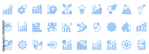 Growth Icon Set. Contains Icons That Are Relevant For Business. Designed In Vector Lineal Blue Style