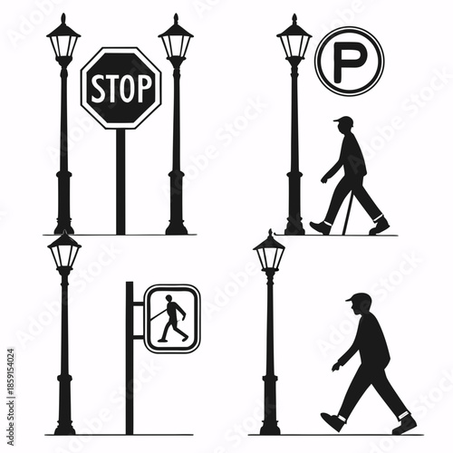 Urban street signs and pedestrians