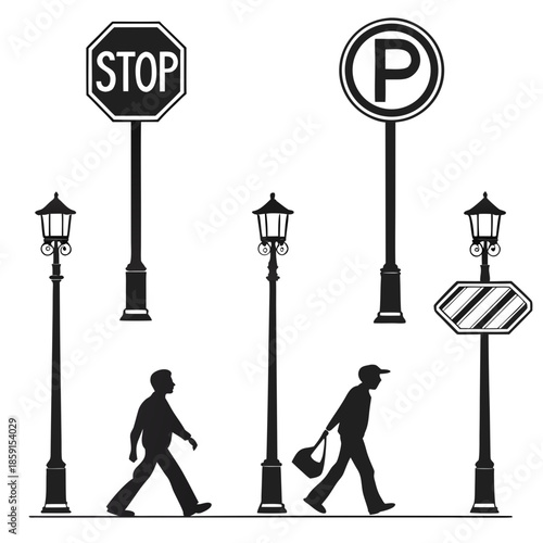 Street signs and pedestrians