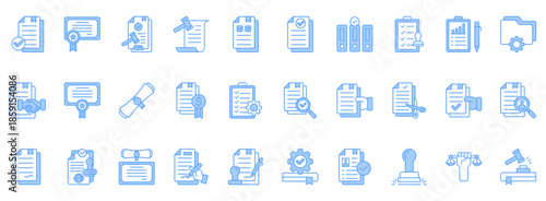 Legal Document Icon Set. Contains Icons That Are Relevant For Business. Designed In Vector Lineal Blue Style