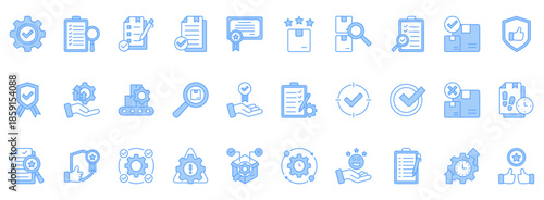 Quality Control Icon Set. Contains Icons That Are Relevant For Business. Designed In Vector Lineal Blue Style