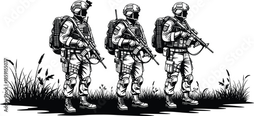 Armed soldiers walking, tactical gear, grassy field, military patrol, combat mission, helmets, rifles, backpacks, side profile, vector illustration, defense concept