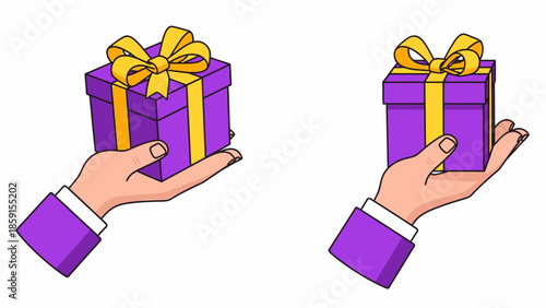 Two hands exchanging purple gift boxes with yellow ribbons