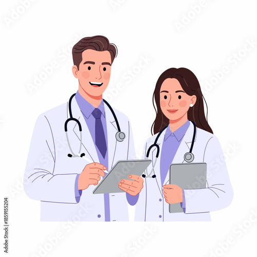 Medical professionals collaborating on a patient's treatment plan in a clinical setting viewed from the front