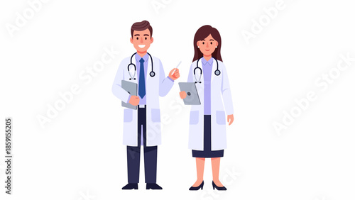 Medical professionals, a male and female doctor, standing together in a clinical environment, discussing patient care and medical records.