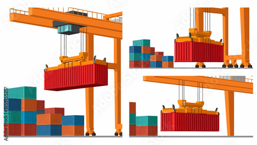 Crane loading shipping containers in a busy industrial dockyard scene