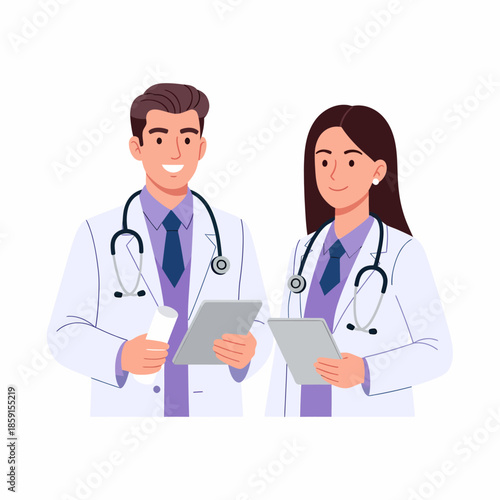 Two medical professionals in white coats with stethoscopes examining documents together