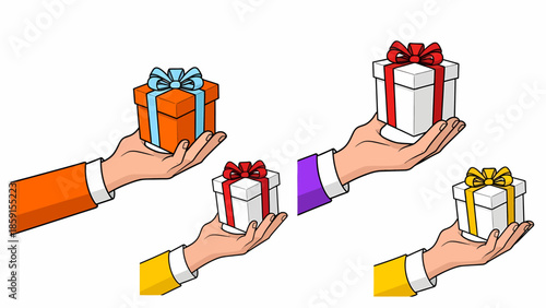 Multiple hands exchanging gift boxes of various sizes and colors