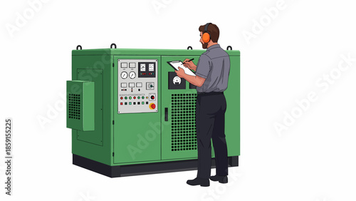 Man inspecting large green industrial generator in a plain white background