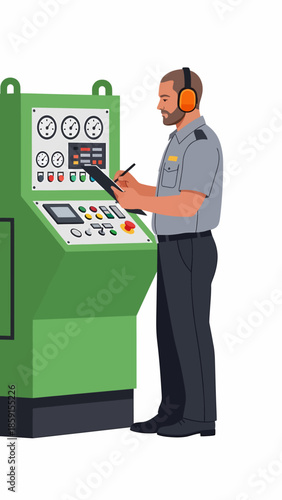 Man operating industrial machinery with control panel and safety gear in a factory setting