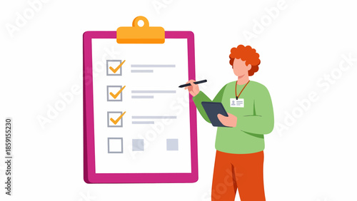 A person reviewing a checklist on a clipboard with a pen