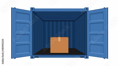 A large blue shipping container with open doors revealing a single brown package inside on a black floor