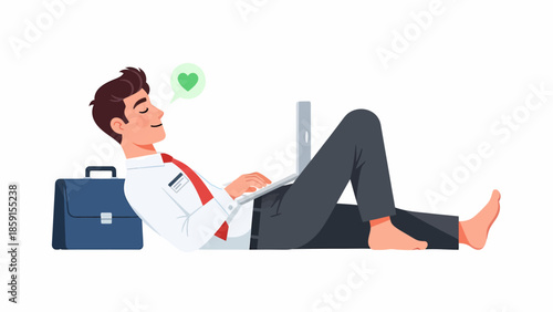 A businessman relaxing on the floor with a laptop and briefcase beside him, taking a break from work.