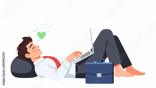 Man relaxing on a cushion with laptop and briefcase nearby in a serene environment