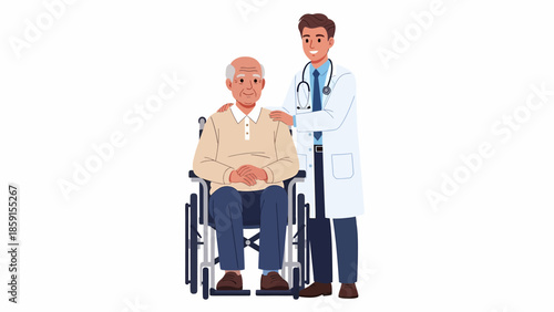 Doctor comforting elderly patient in a wheelchair