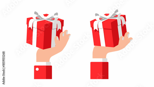 Two hands holding red gift boxes with white ribbons in a celebratory gesture