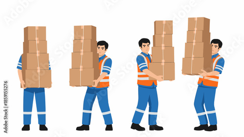 Workers in safety vests carrying large stacks of cardboard boxes in a sequence