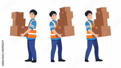Delivery personnel carrying boxes in a sequence