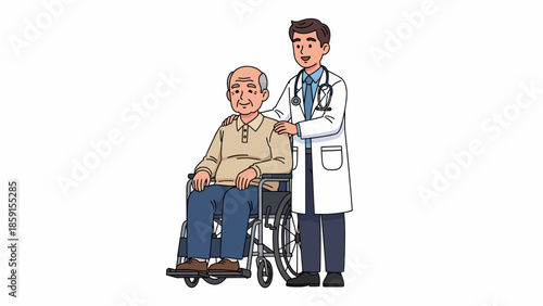 Doctor assisting an elderly patient in a wheelchair