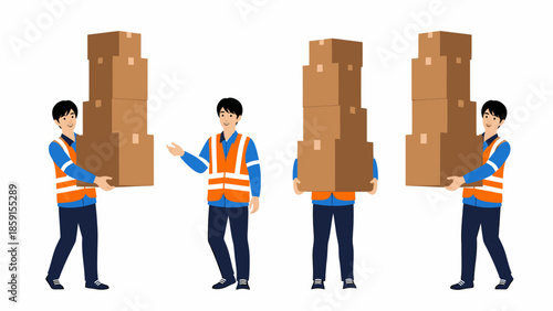 Warehouse workers in high-visibility vests handling large stacks of cardboard boxes in a storage facility