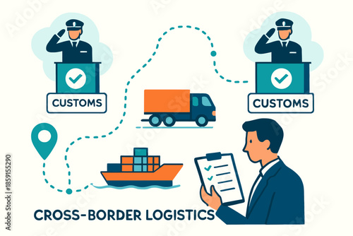 CrossBorder Logistics Illustration with Customs Truck and Cargo Ship.