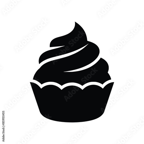 Stylized silhouette vector icon of a delicious cupcake, a sweet baked treat with elegant swirled frosting
